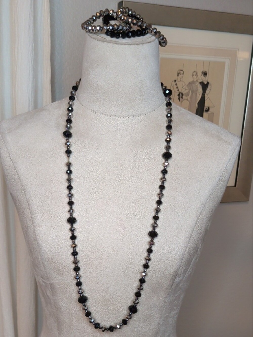 Irradescent Black Charcoal Necklace & Bracelet Set Faceted Beads Formal 4pc Set